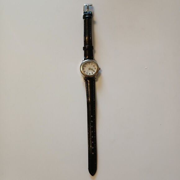 White Dial Round Silver Tone Case Black Faux Leather Band Watch Japan Movt - Picture 1 of 16